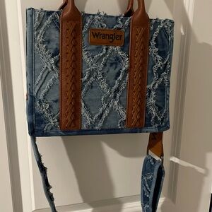 Wrangler Blue Denim Tote with Brown Leather Straps